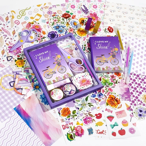 Carnet De Notes Journal DIY Fleurs Violettes Autocollants Ruban Washi Stylos Ciseaux Scrapbooking Papeterie Filles