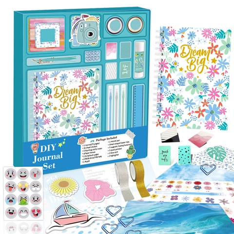 DIY Journaling Kit Floral Spiral Notebook Stickers Glitter Washi Tape Gel Pens Magnetic Bookmarks Stationery Collection For Kids