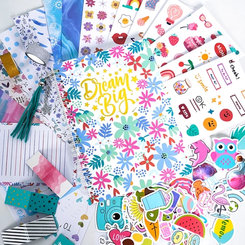 DIY Journaling Kit Floral Spiral Notebook Stickers Glitter Washi Tape Gel Pens Magnetic Bookmarks Stationery Collection For Kids