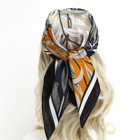 Women Satin Square Scarf Geometric Color Block Leaf Print Decorative Neck Scarf Headscarf Elegant Fashion Accessory