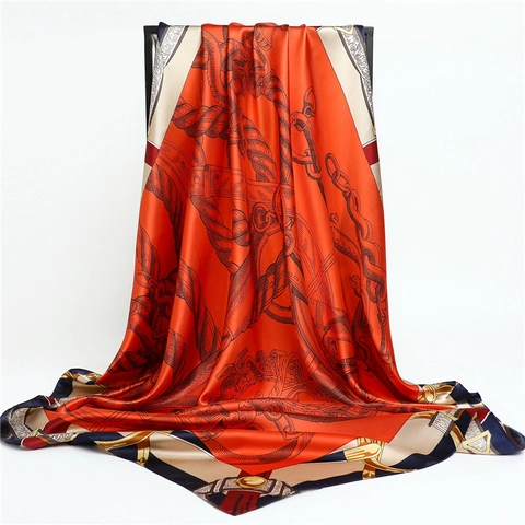 Grande Sciarpa Quadrata In Raso Di Poliestere Stampa Equestre Cavallo Corda Sensazione Raso Bandana Decorativa Moda Donne