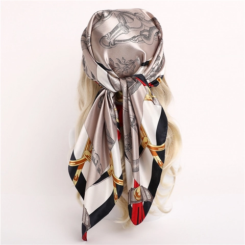 Grande Sciarpa Quadrata In Raso Di Poliestere Stampa Equestre Cavallo Corda Sensazione Raso Bandana Decorativa Moda Donne