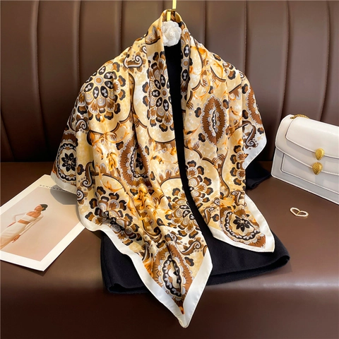 Retro Print Square Scarf Women Satiny Large Bandana Vintage Mandala Pattern Headwrap Shawl Fashion Accessory