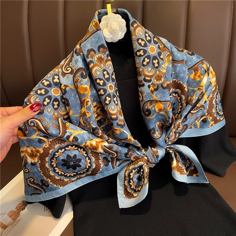 Retro Print Square Scarf Women Satiny Large Bandana Vintage Mandala Pattern Headwrap Shawl Fashion Accessory