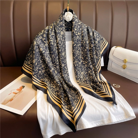 Large Square Scarf Polyester Satin Floral Print Striped Border Sun Protection Retro Shawl For Women