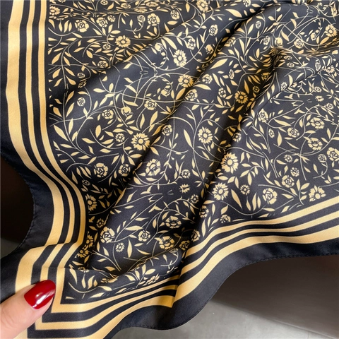 Large Square Scarf Polyester Satin Floral Print Striped Border Sun Protection Retro Shawl For Women