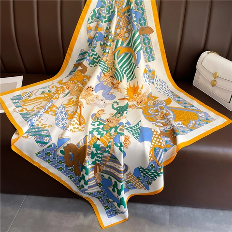 Großer Quadratischer Schal Für Damen Twill Polyester Satinngefühl Cartoon Porträtdruck Vintage Schultertuch Kopfband