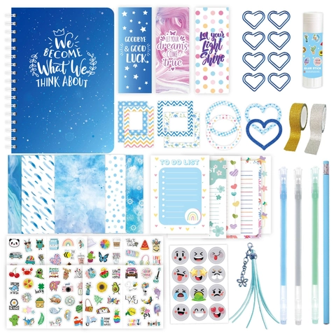 DIY Journal Scrapbook Cuaderno De Espiral Azul Bolígrafos De Colores Pegatinas Pegamento En Barra Cinta Con Purpurina Regalo De Papelería Para Niñas Niños