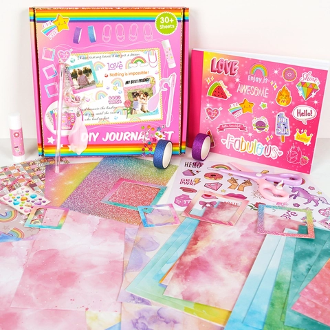 DIY Journal Scrapbooking Kit Pink Notebook Stickers Paper Washi Tape Glue Stick And Feather Pen For Girls Birthday Gift