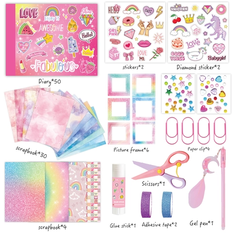 DIY Journal Scrapbooking Kit Pink Notebook Stickers Paper Washi Tape Glue Stick And Feather Pen For Girls Birthday Gift