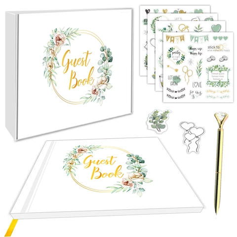 Wedding Guest Book Collection 120 Pages Hardcover Floral Journal Gold Diamond Pen Stickers Gift Box For Marriage Party Ceremony