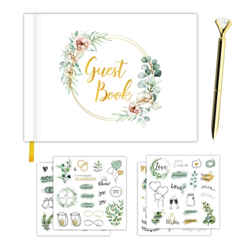 Wedding Guest Book Collection 120 Pages Hardcover Floral Journal Gold Diamond Pen Stickers Gift Box For Marriage Party Ceremony