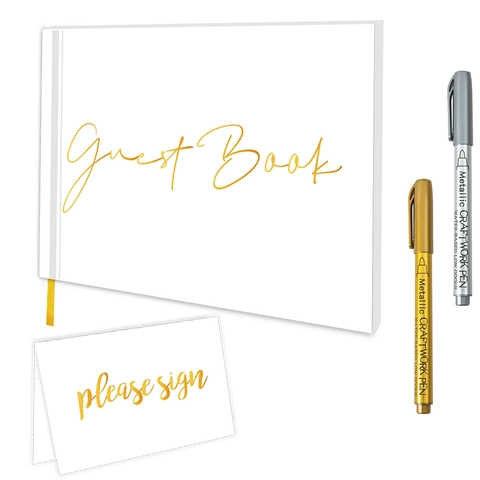 Elegant Bruiloft Gastenboek Wit Goudfolie Stempel Handtekening Dagboek Met Metalen Pennen Voor Receptie Evenement