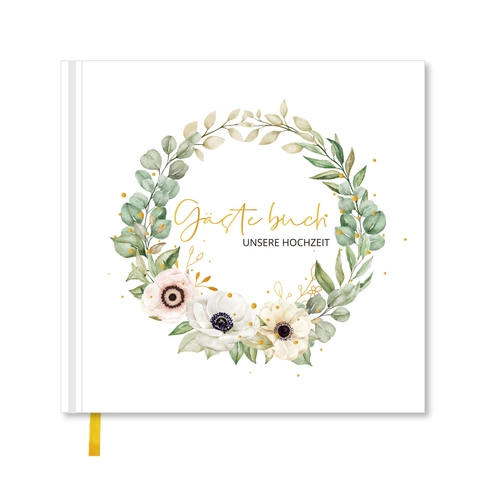 Libro Ospiti Matrimonio Copertina Rigida Pagine Bianche Oro Ghirlanda Fiori Tedesco Unsere Hochzeit Con Penna E Adesivi