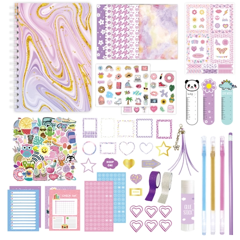 Diario Fai Da Te Taccuino Spirale Marmo Viola Cancelleria Con Adesivi Nastro Decorativo Penne E Colla