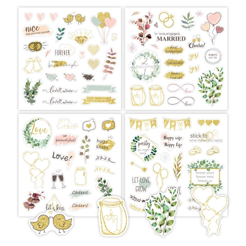 Romantic Wedding Stickers Glitter Pink Gold Heart Flower Designs For Scrapbooking Planner Wedding Journal Decoration
