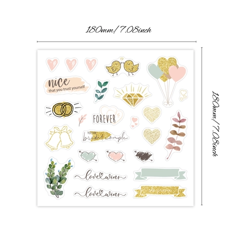 Romantic Wedding Stickers Glitter Pink Gold Heart Flower Designs For Scrapbooking Planner Wedding Journal Decoration