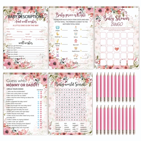 Baby Shower Game Cards And Pencils Pink Floral Interactive Activity Paper Fun For Newborn Celebration Party