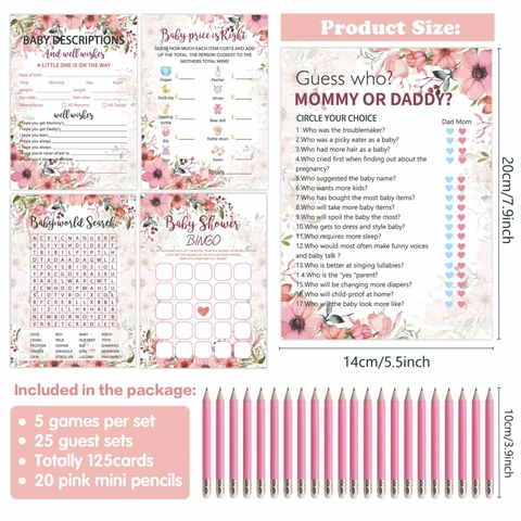 Baby Shower Game Cards And Pencils Pink Floral Interactive Activity Paper Fun For Newborn Celebration Party