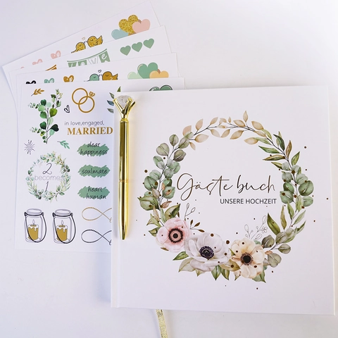 Libro Degli Ospiti Matrimonio Copertina Rigida Tedesco Design Floreale Con Penna Diamante E Adesivi Regalo