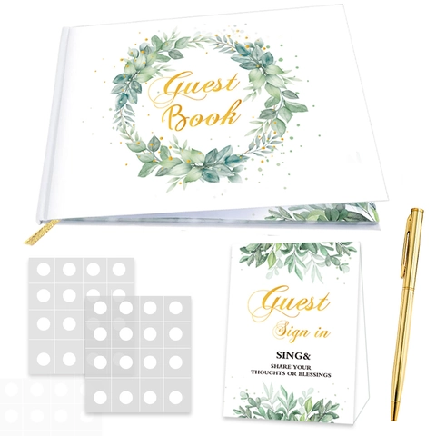 Livre D'or De Mariage Eucalyptus Conception De Feuilles De Feuille D'or Avec Stylo Signature Panneau De Table Stickers