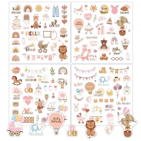 Pegatinas Scrapbook Bebé Dibujos Animados Animal Morandi Color Inglés Alemán Texto Etiquetas Decoración Diario DIY Recién Nacido