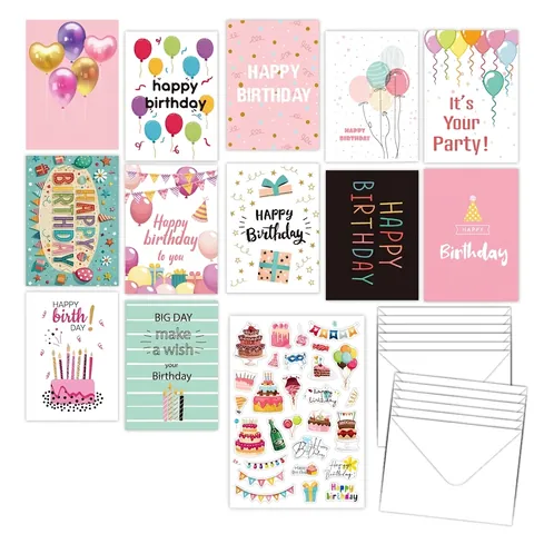 Happy Birthday Greeting Cards With Envelopes And Stickers Cartoon Illustration Foldable Blessing Cards For Birthday Party Gift