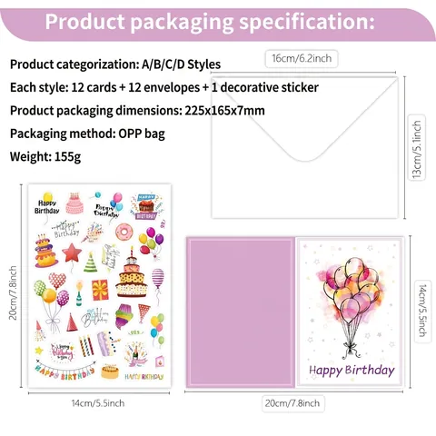 Cartes de Voeux Joyeux Anniversaire Avec Enveloppes Et Autocollants Illustration De Dessin Animé Cartes De Bénédiction Pliables Cadeau