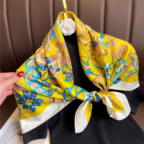 Women Vintage Floral Print Square Scarf Satin Feeling Polyester Twill Large Headscarf Shawl Wrap
