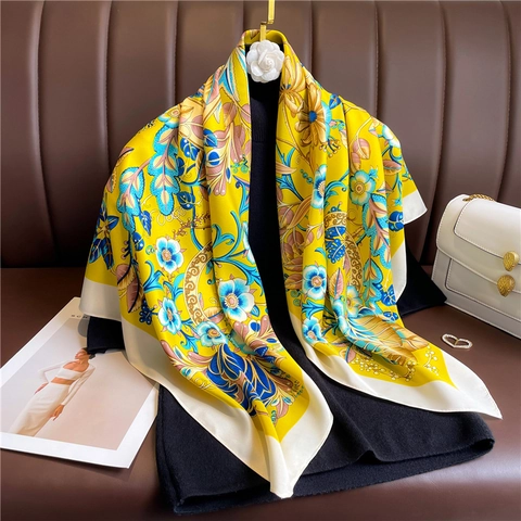 Women Vintage Floral Print Square Scarf Satin Feeling Polyester Twill Large Headscarf Shawl Wrap