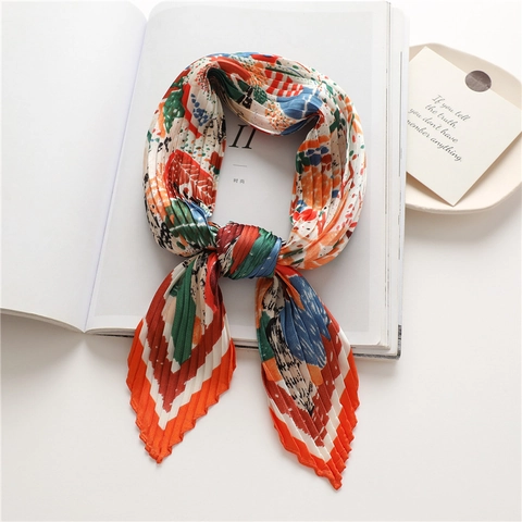 Women's Fashion Pleated Satin Scarf Abstract Floral Print Square Headscarf Hair Band Neck Scarf Decorative Accessory Gift