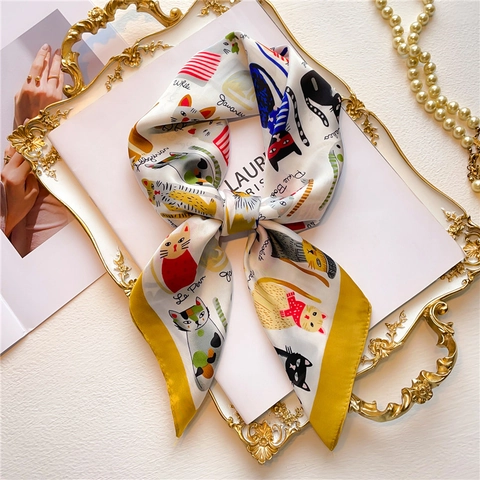 Quadratisches Halstuch Mit Cartoon Katzenprint Polyester KunstSatin Tierrassen Muster Kontrastrand Elegantes Damen Tuch
