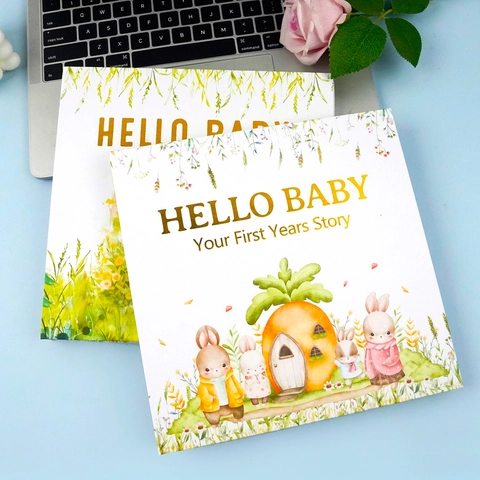 Baby Growth Record Memory Book Hardcover Gold Spiral Binding Watercolor Rabbit Bear Illustration Journal First Year Story