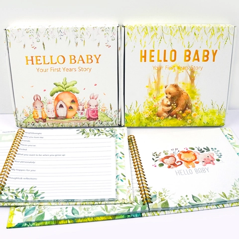 Baby Growth Record Memory Book Hardcover Gold Spiral Binding Watercolor Rabbit Bear Illustration Journal First Year Story