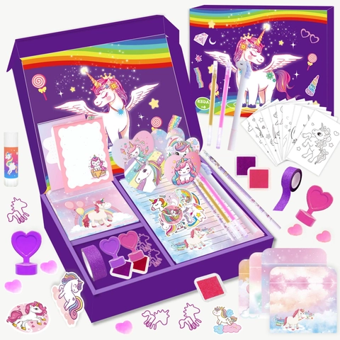 DIY Journal Tagebuch Kit Einhorn Lila Papier Kunststoff Scrapbooking Zubehör Mit Aufklebern Stempeln Stiften Für Mädchen Kinder Kreativität Geschenk