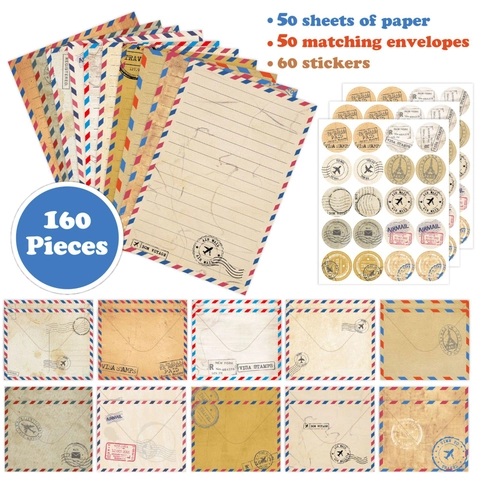 Vintage Aviation Air Mail Letter Paper And Envelope With Decorative Stickers Retro Floral Watercolor Writing Stationery