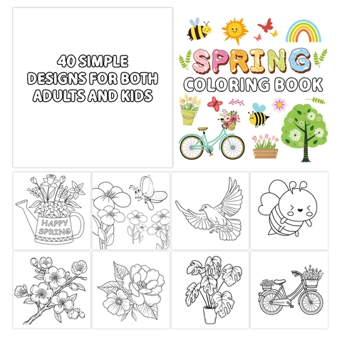 Spring Coloring Book For Kids And Adults Cartoon DIY Doodle Drawing Paper Stress Relief Easy Pattern Early Learning