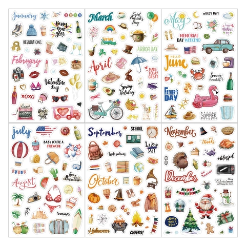 Planner Stickers Yearly Festival Monthly Holiday Watercolor Decorative Journal Stickers Scrapbooking Accessories