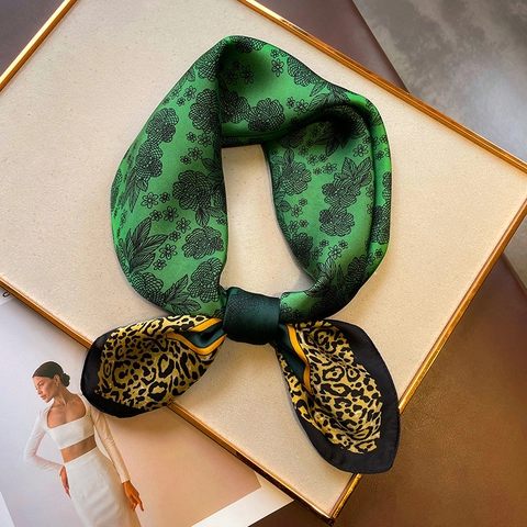 Leopard Floral Print Square Scarf Elegant Imitation Satin Polyester Neckerchief Fashion Hair Bandana For Women