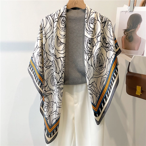 Sciarpa Quadrata Elegante Donna Sensazione Raso Raso Stampa Retrò Scialle Avvolgente Accessori Moda Versatili