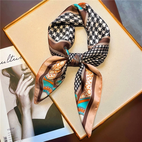 Square Scarf Houndstooth Geometric Print Satin Feeling Retro Neck Head Wrap For Women Elegant Fashion Accessory