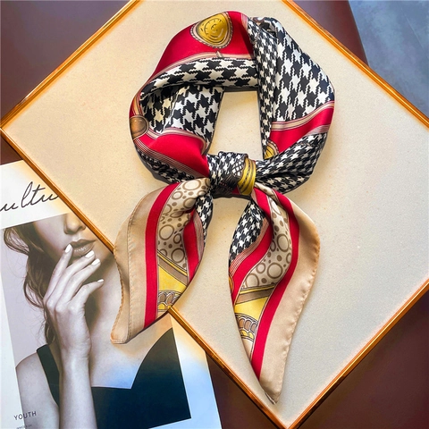 Square Scarf Houndstooth Geometric Print Satin Feeling Retro Neck Head Wrap For Women Elegant Fashion Accessory