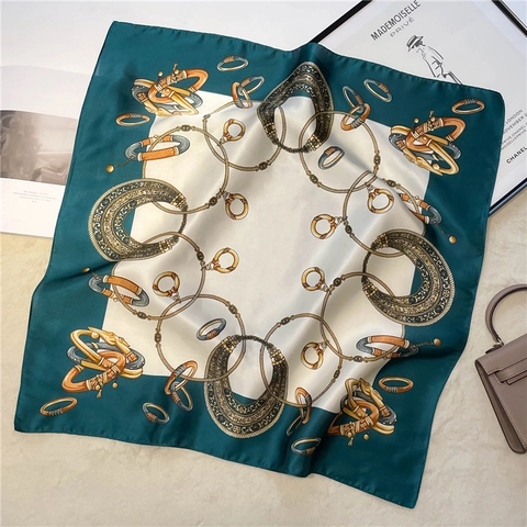 Foulard Quadrato Vintage Francese Raso Sintetica Satin Avvolgimento Testa Collo Stampa Catena Equestre Gioielli Elegante Per Donna