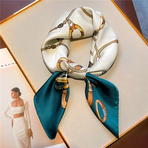 Foulard Quadrato Vintage Francese Raso Sintetica Satin Avvolgimento Testa Collo Stampa Catena Equestre Gioielli Elegante Per Donna