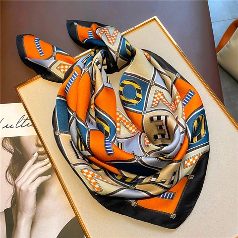 Foulard Quadrato Stampa Lettere Reticolo Geometrico Raso Artificiale Poliestere Donna Moda Versatile Sciarpa Collo Copricapo