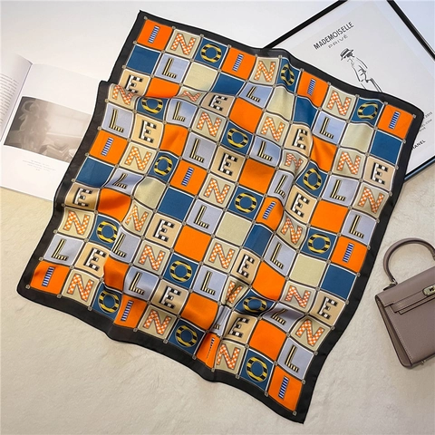 Foulard Quadrato Stampa Lettere Reticolo Geometrico Raso Artificiale Poliestere Donna Moda Versatile Sciarpa Collo Copricapo