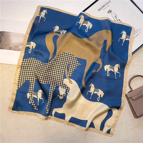 Retro Horse Print Square Scarf Faux Satin Polyester Houndstooth Pattern Elegant Neckerchief Accessory For Women