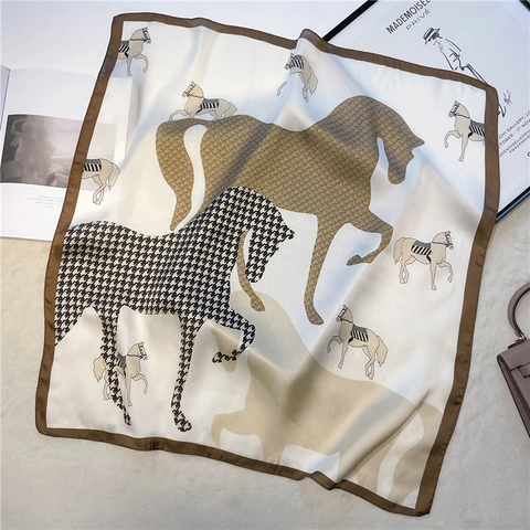Retro Horse Print Square Scarf Faux Satin Polyester Houndstooth Pattern Elegant Neckerchief Accessory For Women