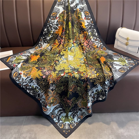 Pañuelo Cuadrado Grande Para Mujer Elegante Estampado Floral Jungla Pájaro Tacto Satén Satén Chal Twill Moda
