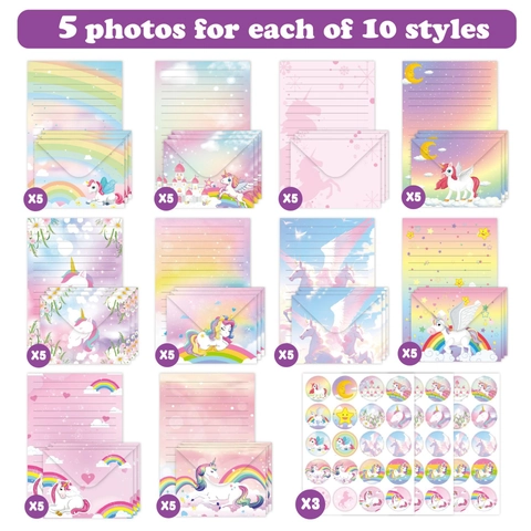 Cartoon Unicorn Rainbow Stationery Letter Paper And Envelopes With Stickers For Kids Girls Writing Cute Dreamy Offset Paper